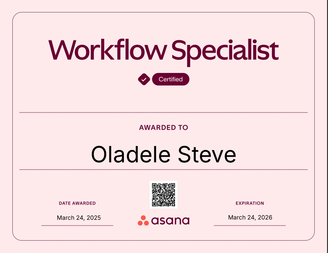 Asana Workflow Specialist certificate