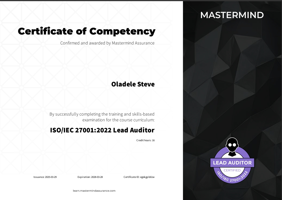 ISO 27001 Lead Auditor certificate