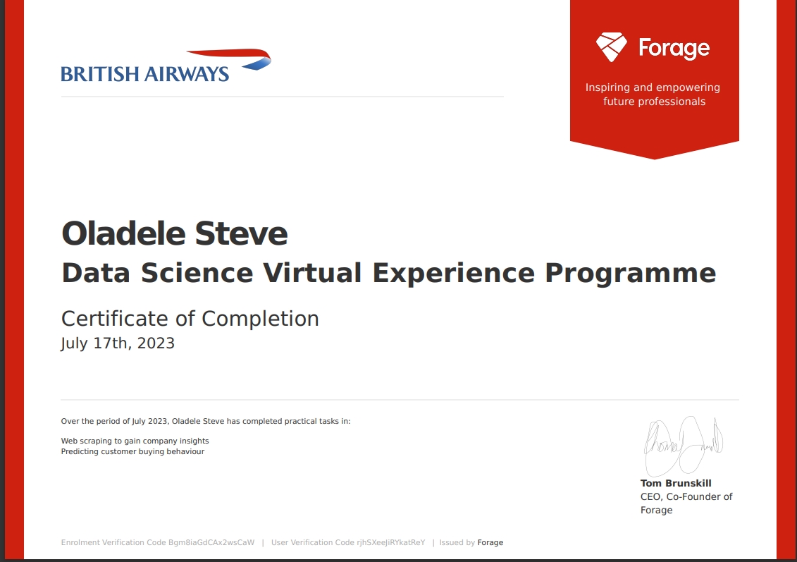 Data Science Virtual Experience Program certificate